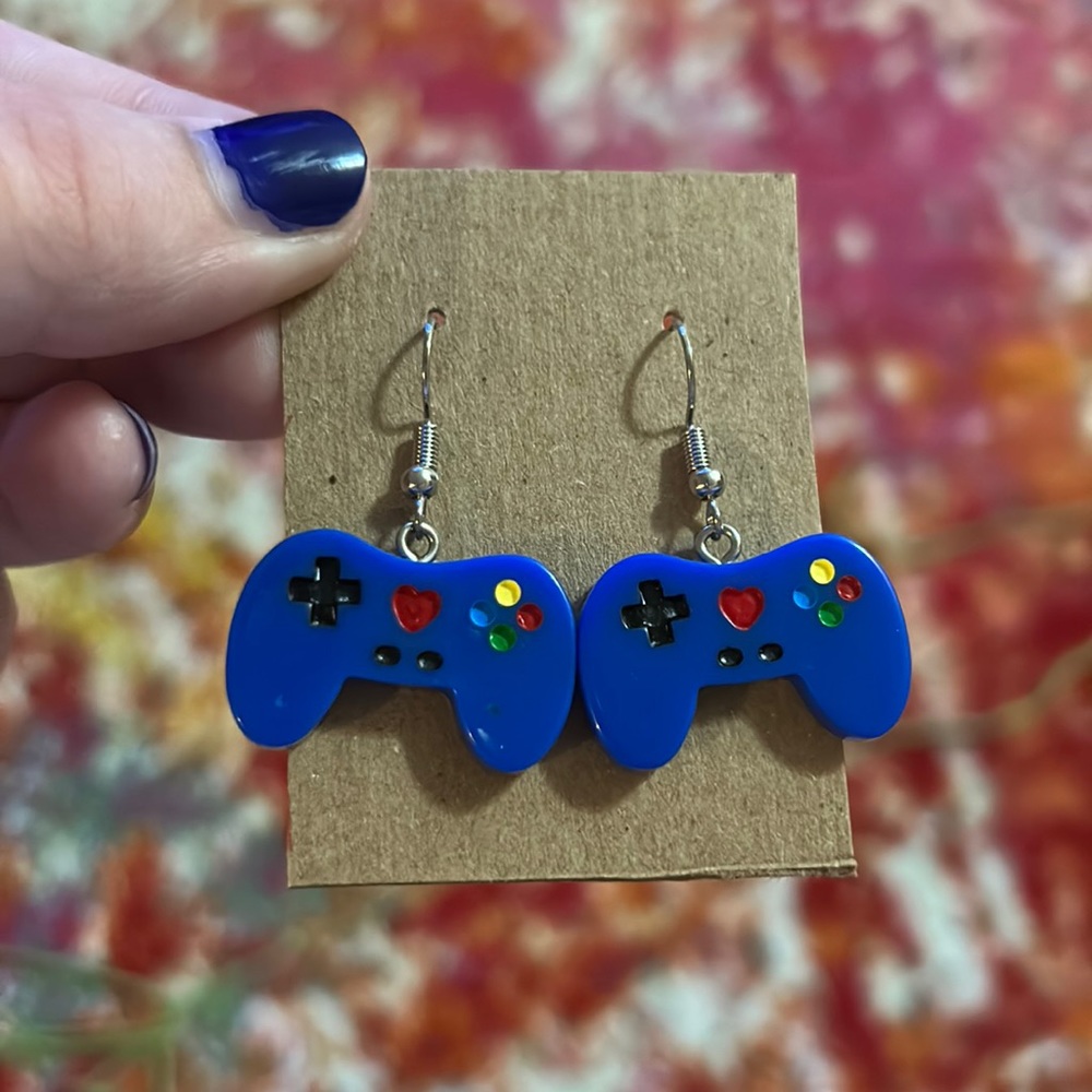 Blue game controller earrings